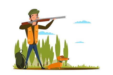 Premium Vector Hunting With Gun Dog Flat Illustration Young Hunter