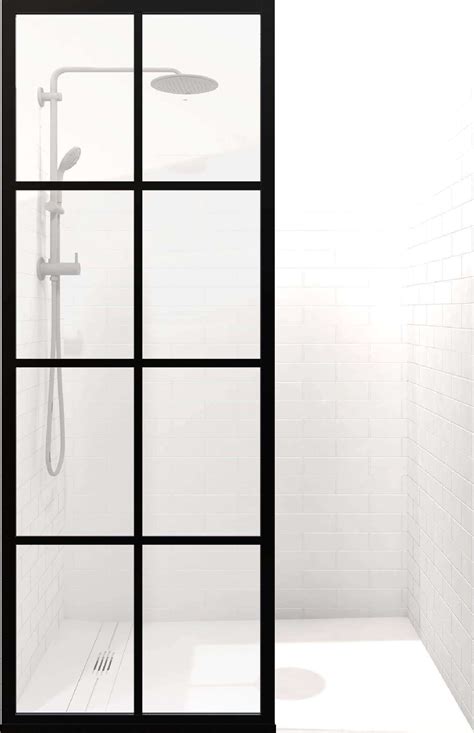 gridscape fixed panel shower enclosure in black with clear glass divided style