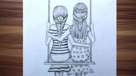 How To Draw Two Best Friends Sitting Together On A Swing Pencil