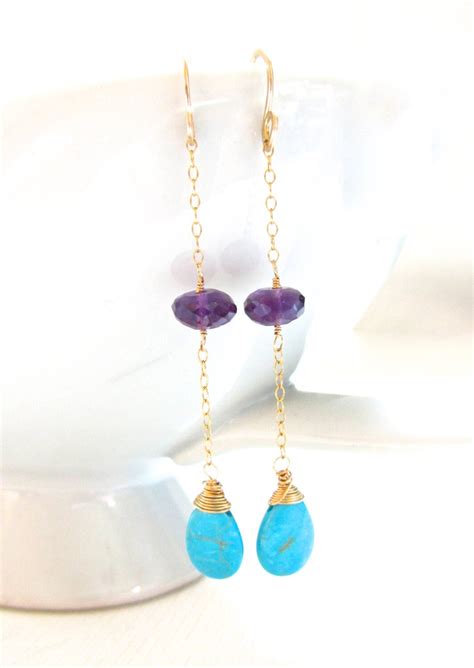 Turquoise Gold Earrings Purple Amethyst Aqua Blue French Cote Etsy