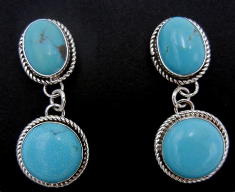Navajo Double Turquoise And Sterling Silver Dangle Earrings Palms