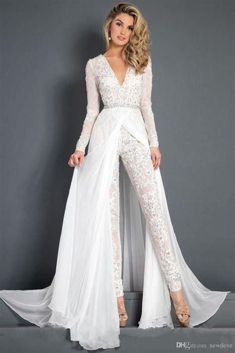 White Jumpsuits Prom Dresses Beaded Lace Deep V Neck Formal Evening