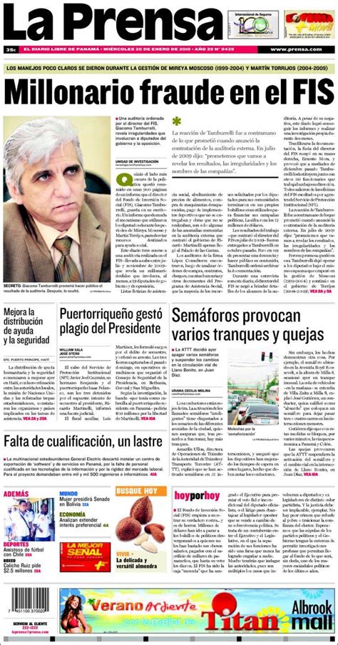 Periódico La Prensa Panamá Periódicos De Panamá Edición De Miércoles 20 De Enero De 2010