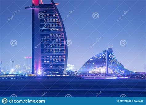 Close Up View Of Burj Al Arab Illuminated Hotel And Jumeirah Beach