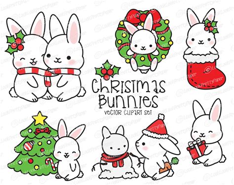 Premium Vector Clipart Kawaii Christmas Bunnies Cute Etsy Kawaii