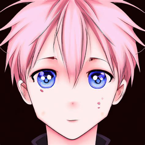 Cute Anime Boy Pink Hair Big Blue Eyes Detailed E Openart