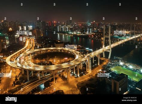 Shanghai Nanpu Bridge Over Huangpu River With Busy Traffic In China