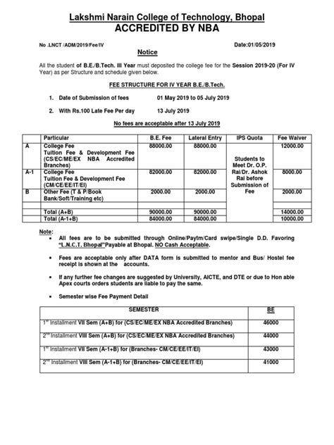 Final Fee Structure 2019 20 Lnct Lncts Ii Iii 11 3pdf Fee Payments