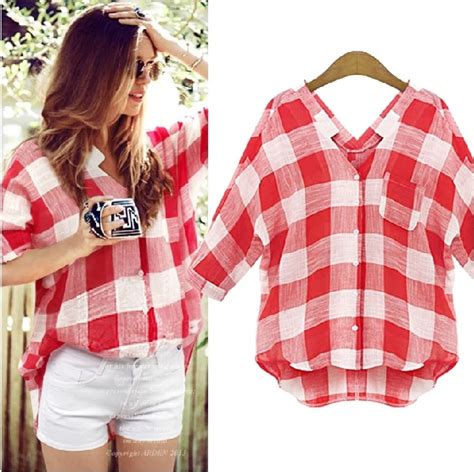 New 2015 Spring Fashion Casual Red Plaid Shirts Women Summer Loose Plus