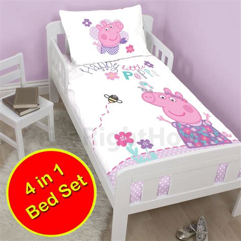 Toddler bedding sets are made to fit a toddler bed or cot bed and measure 120 x 150 cm and require a junior sized duvet insert. PEPPA PIG HAPPY 4 in 1 JUNIOR BEDDING BUNDLE COT BED ...