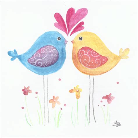 Love Birds 8x8 Original Watercolor Whimsical Art Bird Art Original