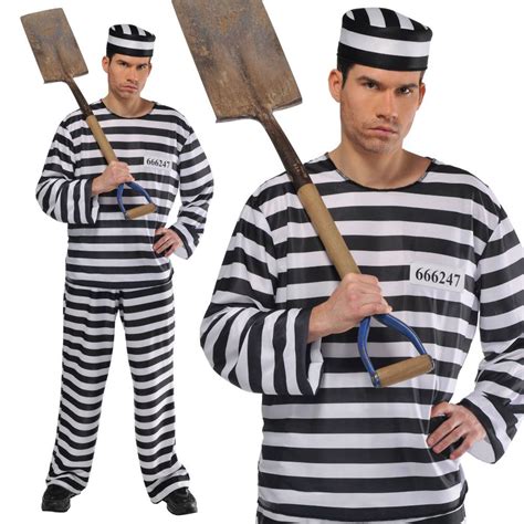 Mens Convict Fancy Dress Costume Prisoner Jailbird Con Outfit Inmate