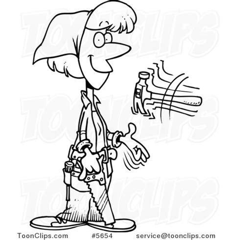 Cartoon Black And White Line Drawing Of A Female Carpenter Holding A