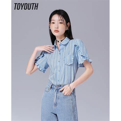 Toyouth Women Shirts 2023 Summer Puff Short Sleeves Polo Neck Fit Well Blouse Jacquard Lace Blue
