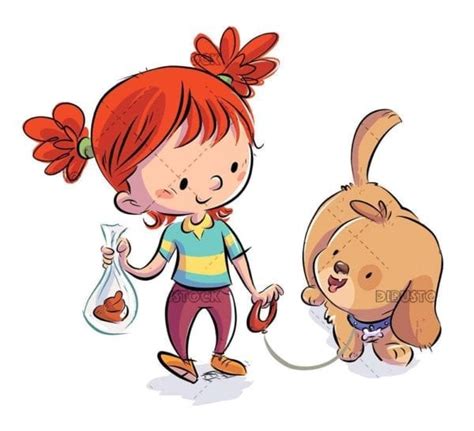 Niña con perro paseando recogiendo excrementos en una bolsa Dibustock dibujos e ilustraciones