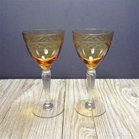 Set Of 2 Vintage Amber Cordial Glasses W Twisted Stems Etched Honey