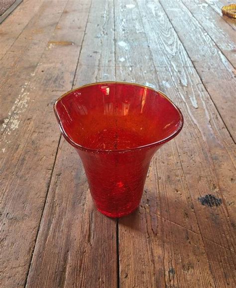 Vintage Large Amberina Crackle Glass Vase Etsy