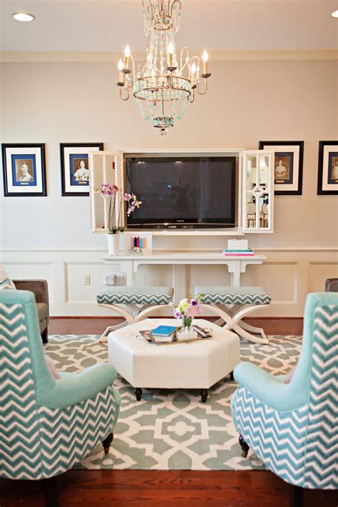 Traditional Neutral Living Room With Built In Tv Cabinet And Blue