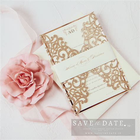 Rose Gold And Ivory Glitter Laser Cut Invitation With Wrap Band