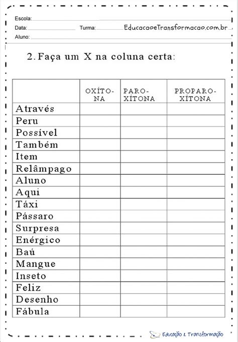 Atividades Sílaba Tônica Quanto A Sua Classificação E Posição