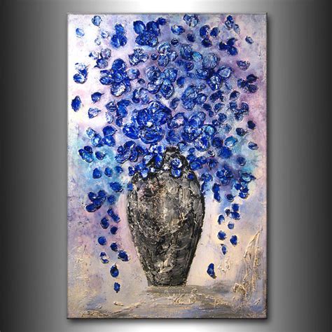 Textured Blue Flowers Bouquet In Vase Contemporary Abstract Painting B