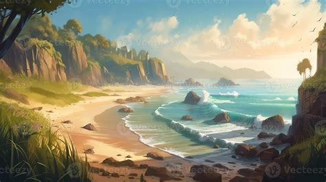 Beach Fantasy Backdrop Concept Art Realistic Illustration Background With Stock Photo
