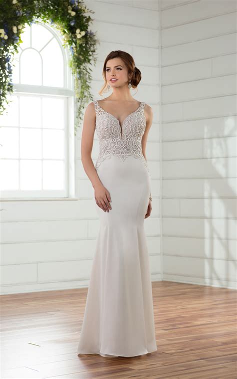 Long sleeve wedding dresses are all the rage! Wedding Dresses | Sleek Column Wedding Gown with Illusion ...