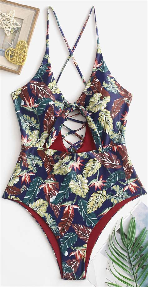 Tropical Leaf Cutout Lace Up Reversible One Piece Swimsuit Maroon