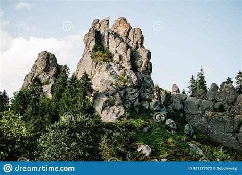 Big Rock Mountains Mountain Landscape With Forest And Stones Blue