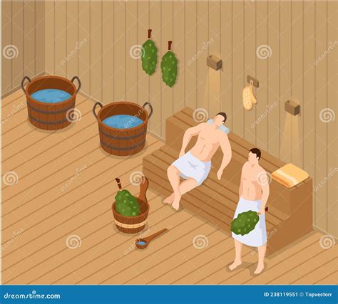 Sauna And Steam Room People Relax And Steam With Green Brooms In Banya Wellness Procedure