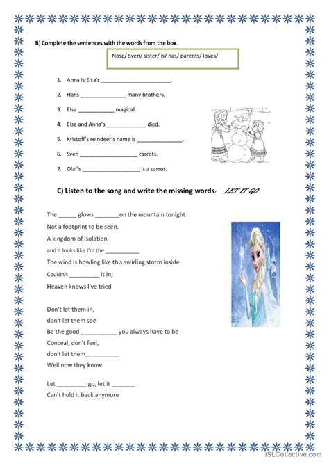Frozen Worksheet Song And Nursery Rh English Esl Worksheets Pdf And Doc