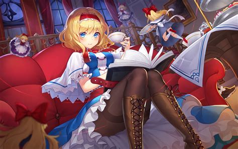 alice margatroid aqua eyes blonde hair book boots couch doll dress drink food long hair