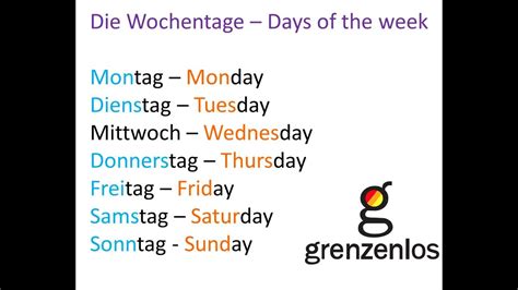 Days Of The Week In German Die Wochentage Youtube