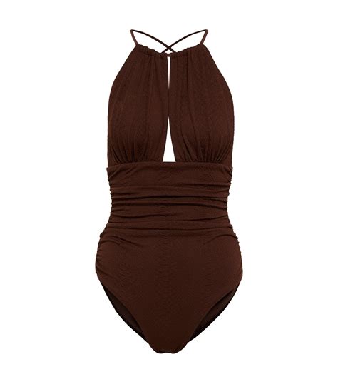 Self Portrait Self Tie Halterneck Swimsuit In Brown Lyst