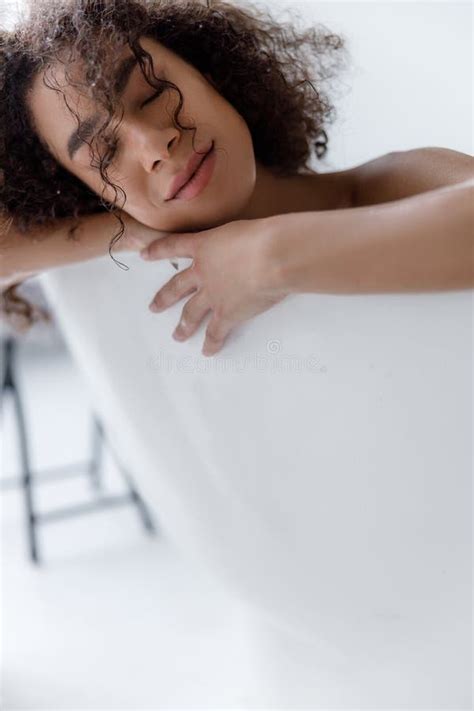 Serene Afro American Lady Relaxing In Bathtub Stock Image Image Of