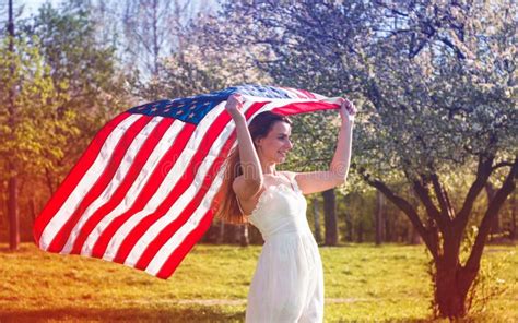 Happy Women With American Flag Usa Celebrate Th Of July Stock Image Image Of Maid Casual