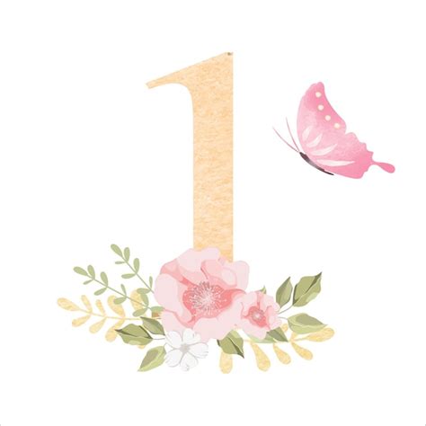 Premium Vector | Cute golden glitter number one with flowers and