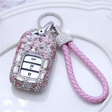 Pink Bling Car Key Holder With Rhinestones And Flowers For Honda Crv X