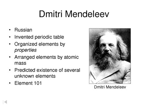 Dmitri mendeleev was the scientist credited with the invention of the modern periodic table. EduMission: March 2013