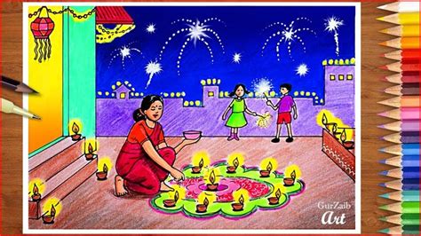 How To Draw Happy Diwali Scene Drawing An Indian Festival Scenery