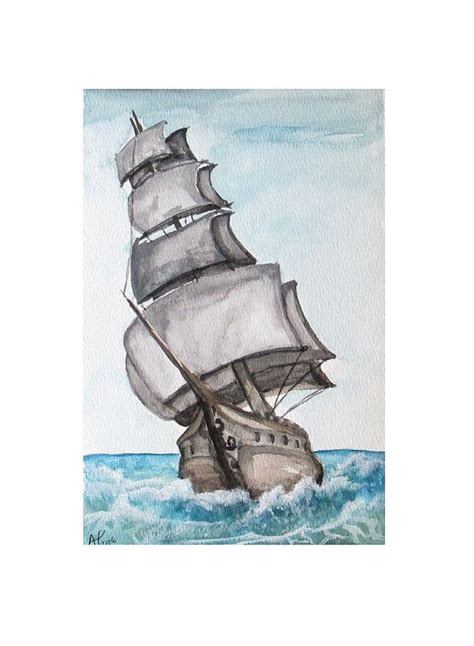 Tall Ship Watercolor Ocean Painting Sea Art Blue Brown Boat