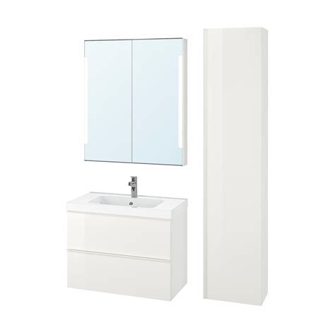 Adjustable feet make it possible to compensate any irregularities in the floor. GODMORGON / ODENSVIK Bathroom furniture, set of 5 - high ...