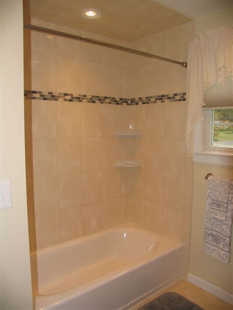 The surface requires little maintenance because there is no grout, and mildew and mold are not a attracted to. Tub tile surround with easy shelves. | Tub tile, Bathrooms ...
