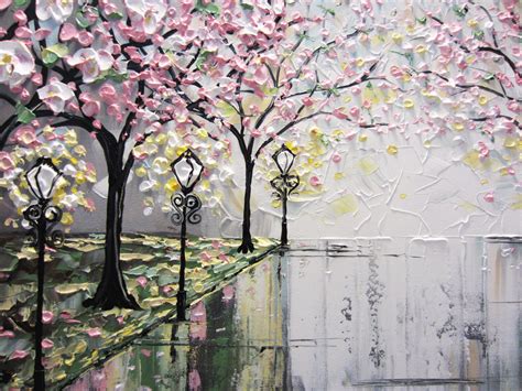 Sold Original Art Abstract Painting Pink White Cherry Tree Blossoms Pa