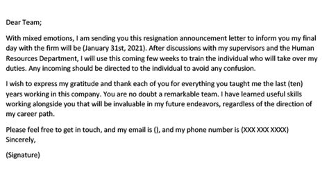Resignation Announcement Letter To Colleagues Template And Examples