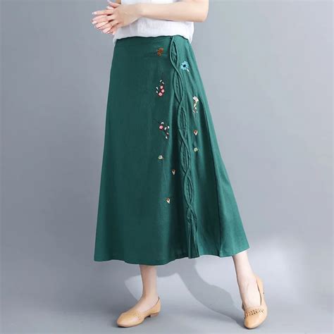 8 Ilstile 2018 Womens Floral Embroidery Cotton Linen Long Skirts Chinese Style Vintage