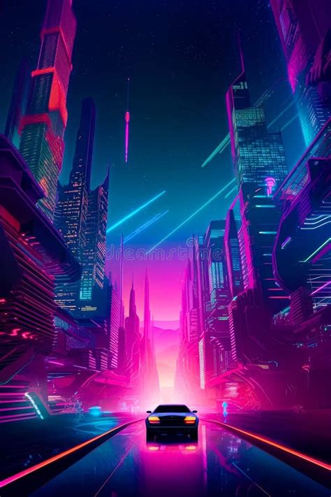 Futuristic City With Neon Lights And Car In The Middle Of The Road