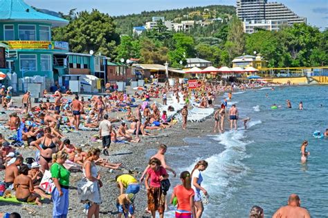 Crimea Resort People On Pebble Beach Black Sea Editorial Photo