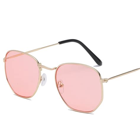 Hjybbsn Men Women Hexagonal Flat Lenses Square Sunglasses Brand Designer New Vintage Women Pink