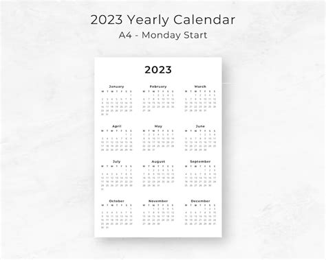 2023 Yearly Calendar Printable On One Page 2023 Year At A Etsy